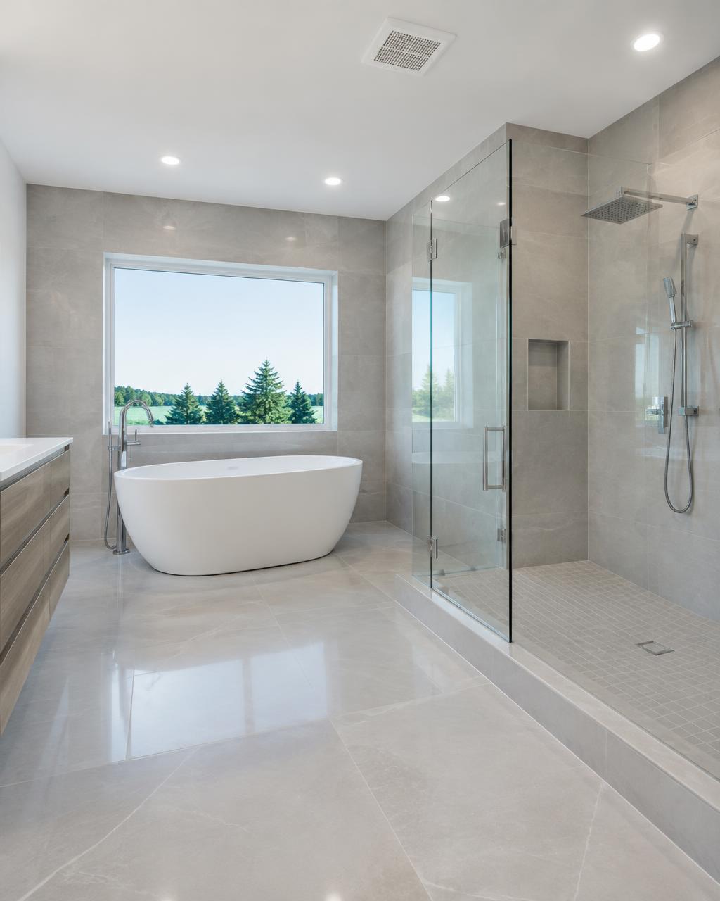New bathroom with freestanding tub and glass shower