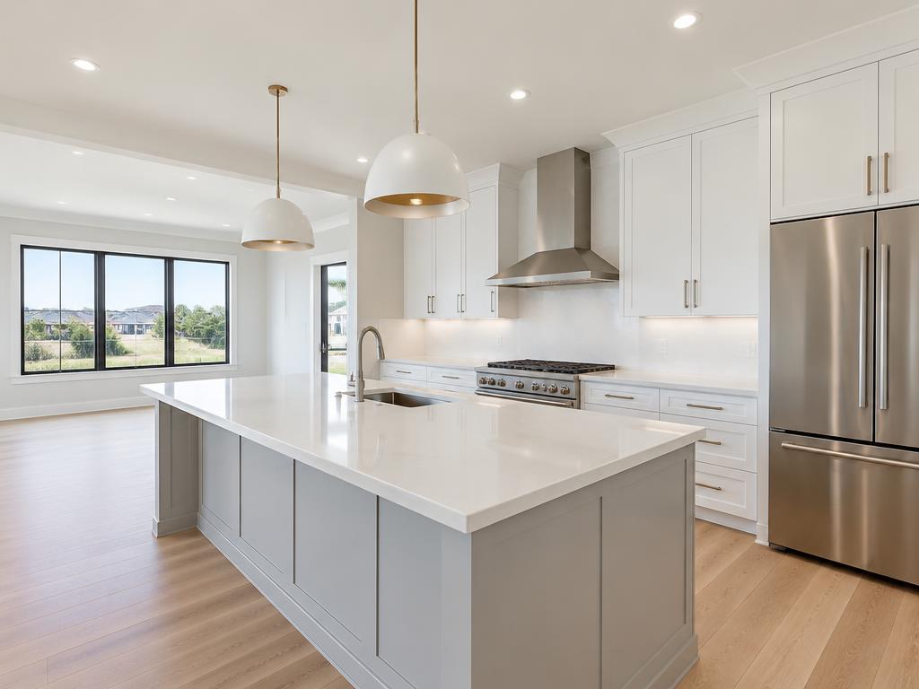 Spotless new kitchen with white quartz countertops