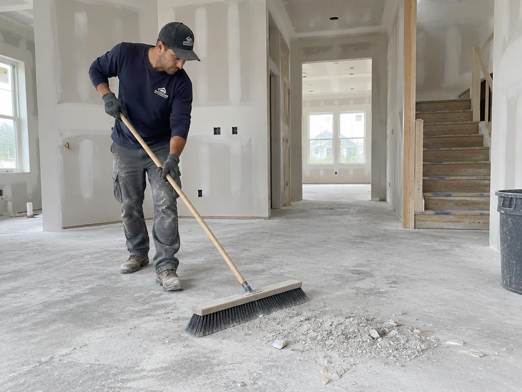 Worker sweeping construction dust in a home under construction