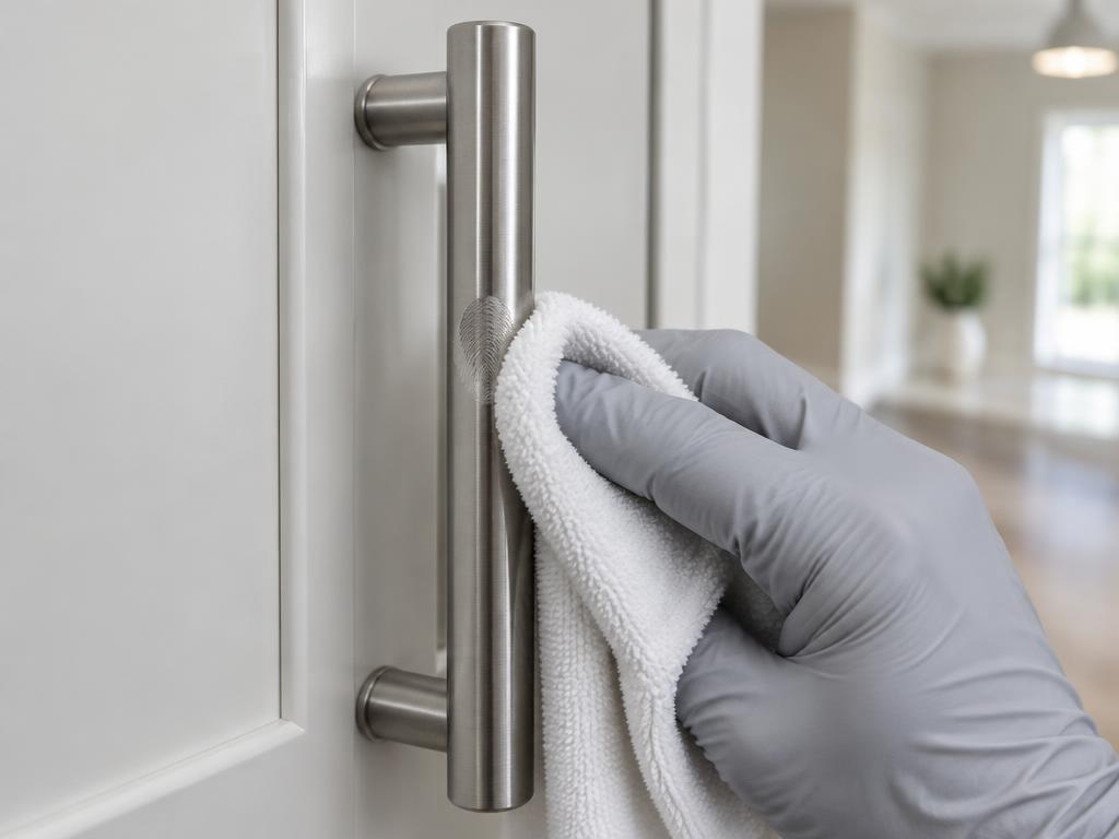 Gloved hand wiping a fingerprint from a cabinet handle